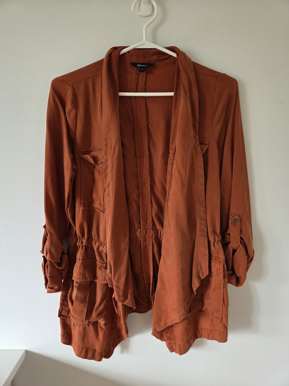 ​Reitmans Rust Orange Utility Cargo Jacket Waterfall Open Front Size 4 Small